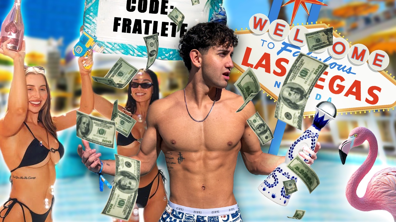 Jaihden Torres in a Las Vegas pool-party YouTube thumbnail with code FRATLETE